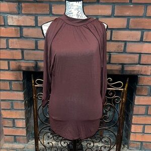Elegant Women's Brown Blouse cold shoulder, keyhole tie at back of neck
